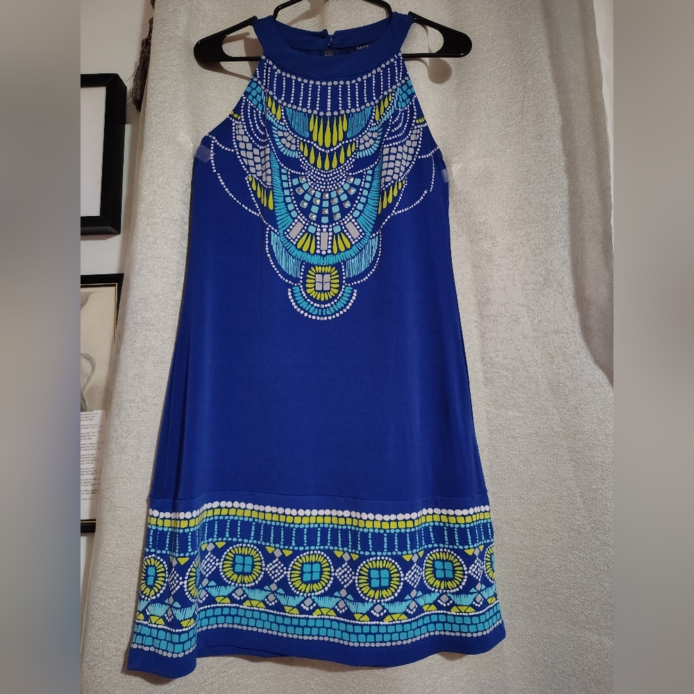 Vibrant Blue Patterned Sleeveless Halter Dress  With 14 Studs And Subtle Sparkle